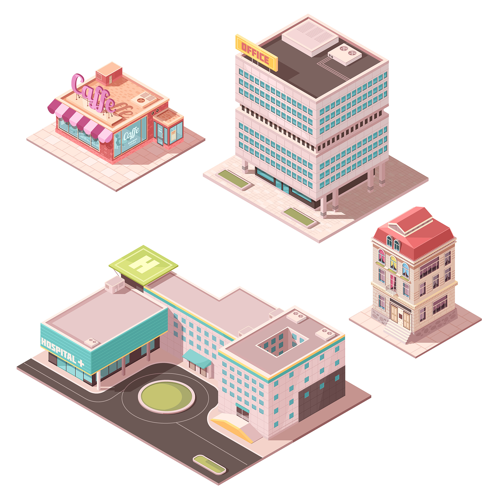 Pastel isometric drawings of city buildings including an office, a cafe, a hospital and a residential block